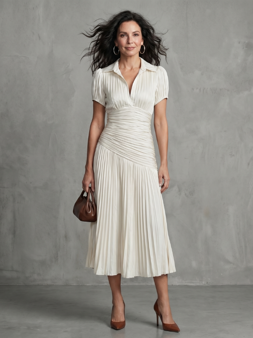 Constança | Vestido Midi Riscado com Pregas na Cintura