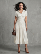 Constança | Vestido Midi Riscado com Pregas na Cintura