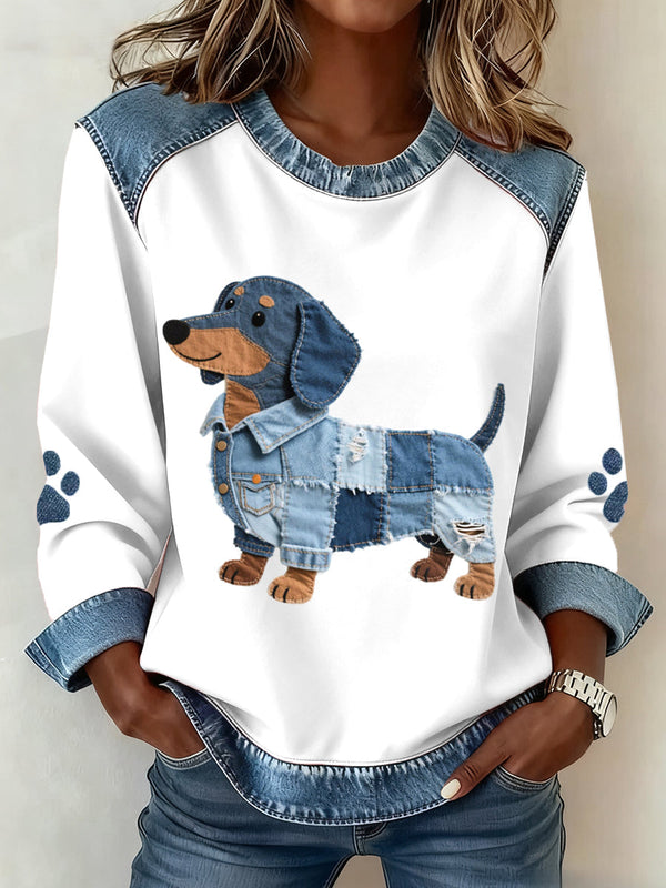 Camisola Feminina com Estampado de Cão Salsicha e Remendos de Ganga