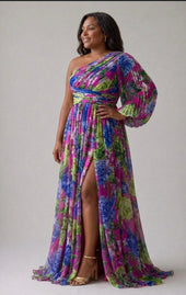 Leonilde | Vestido Comprido Floral de Um Ombro