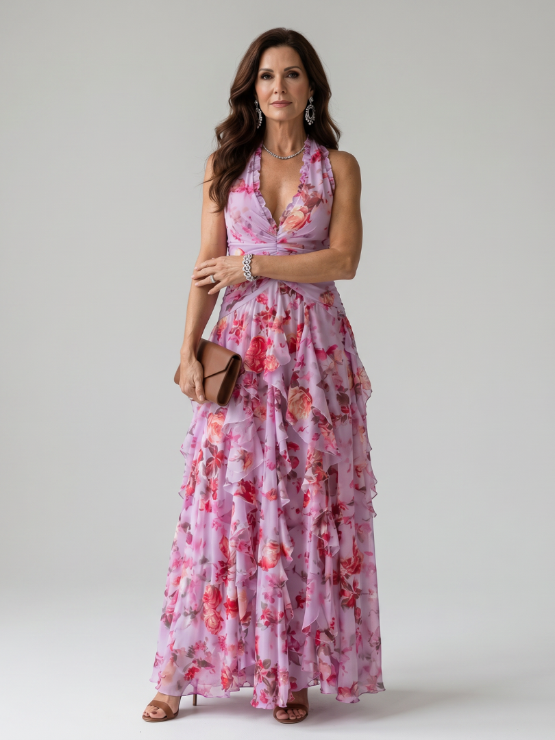 Florinda | Vestido Floral Comprido de Alças ao Pescoço