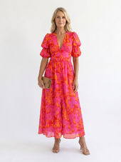 Rosélia | Vestido Midi Floral com Mangas Tufadas