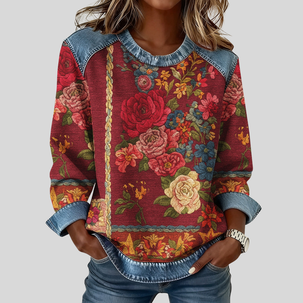 Amélia | Sweatshirt de Rosas com Remates Efeito Ganga