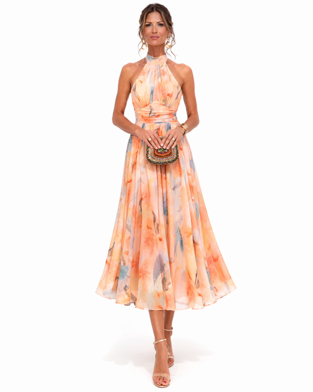 Áurea | Vestido Comprido Halter com Estampado Aguarela