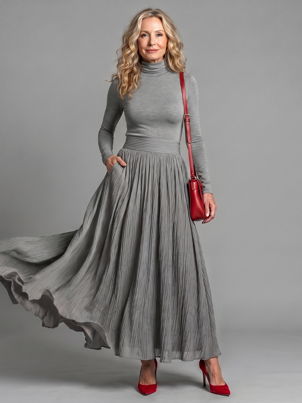 Diana | Vestido Midi de Gola Alta e Manga Comprida