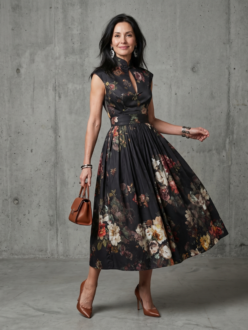 Carlota | Vestido Midi Floral de Gola Alta com Abertura