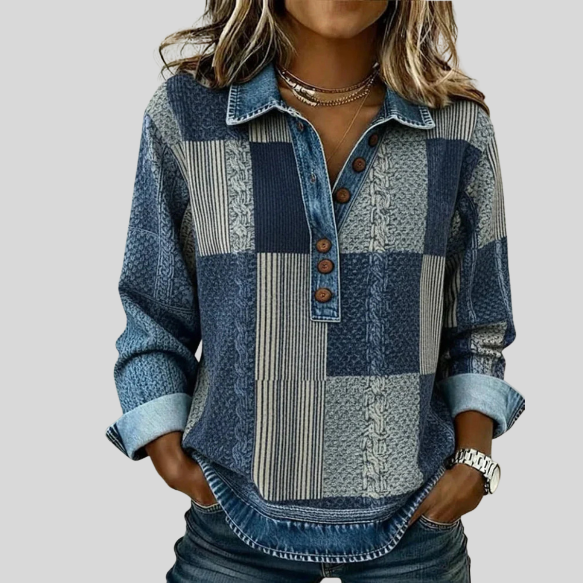 Mariana | Blusa Patchwork com Gola e Botões