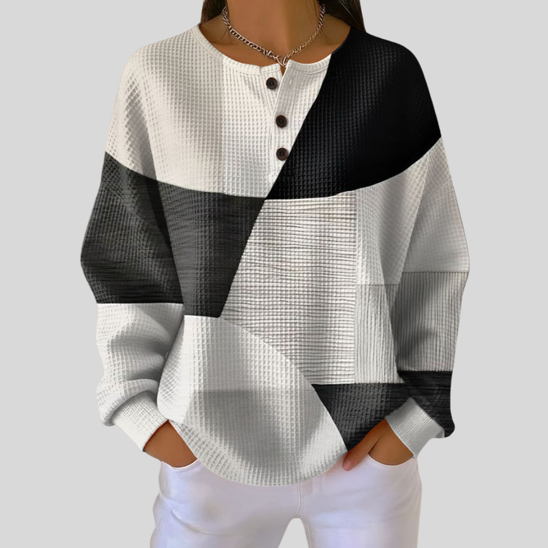 Manuela | Sweatshirt Henley Geométrica Preto e Branco