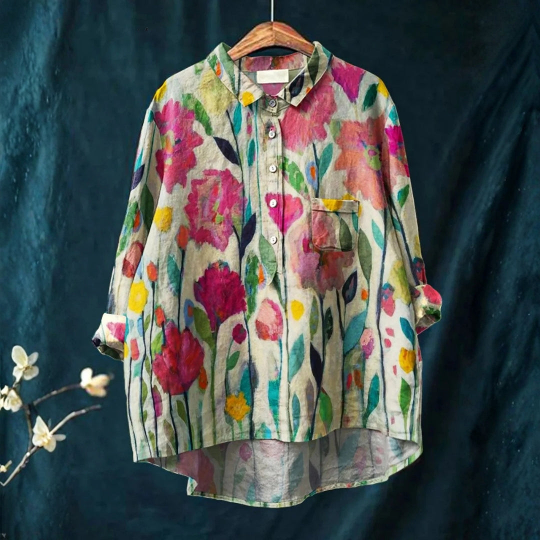 Flávia - Camisa Casual de Arte Vintage com Flores