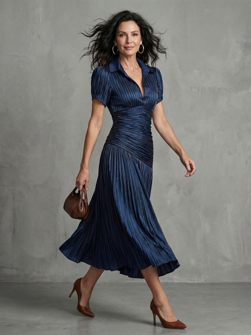 Constança | Vestido Midi Riscado com Pregas na Cintura