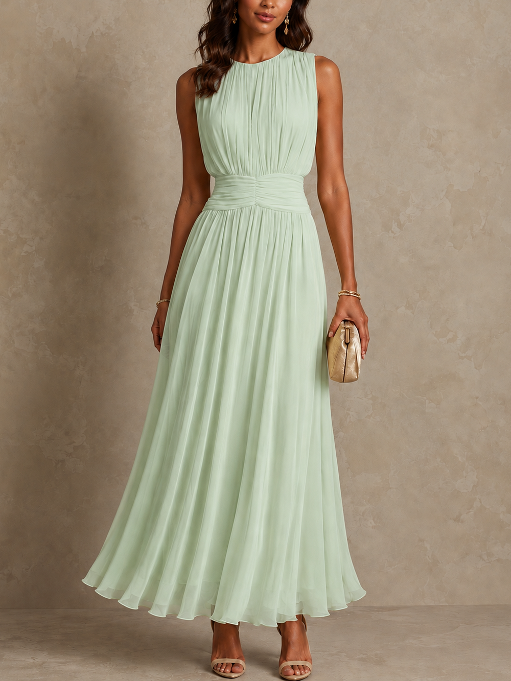 Isabel | Vestido Comprido com Cintura Franzida sem Mangas