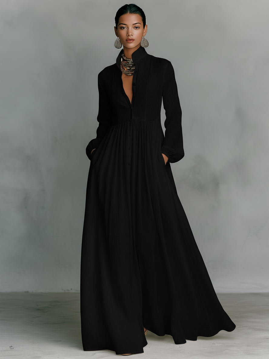 Liana - Vestido maxi minimalista de algodão e linho
