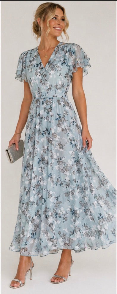 Rosana | Vestido Comprido Floral com Mangas Esvoaçantes