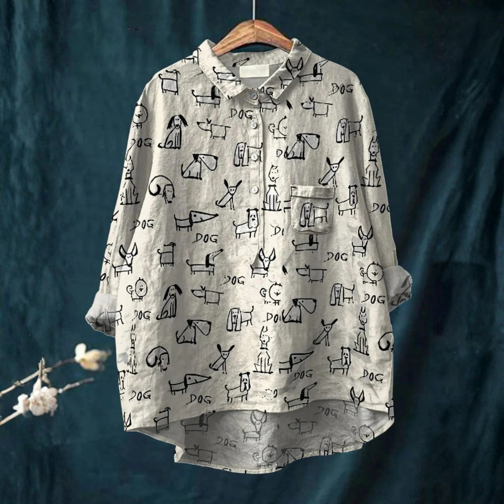 Iva - Camisa Casual com Estampa de Cão Fofa