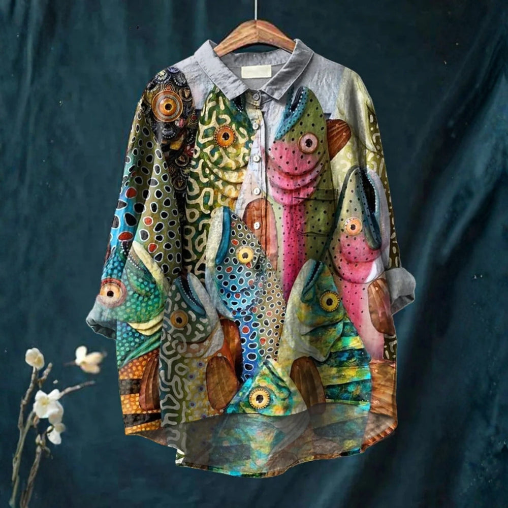 Ema - Camisa Casual de Impressão de Peixe Divertido Vintage