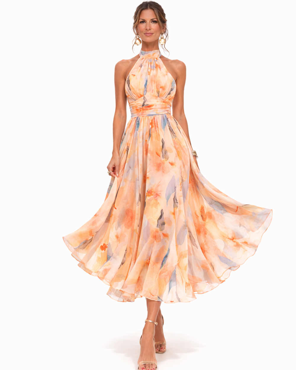 Áurea | Vestido Comprido Halter com Estampado Aguarela