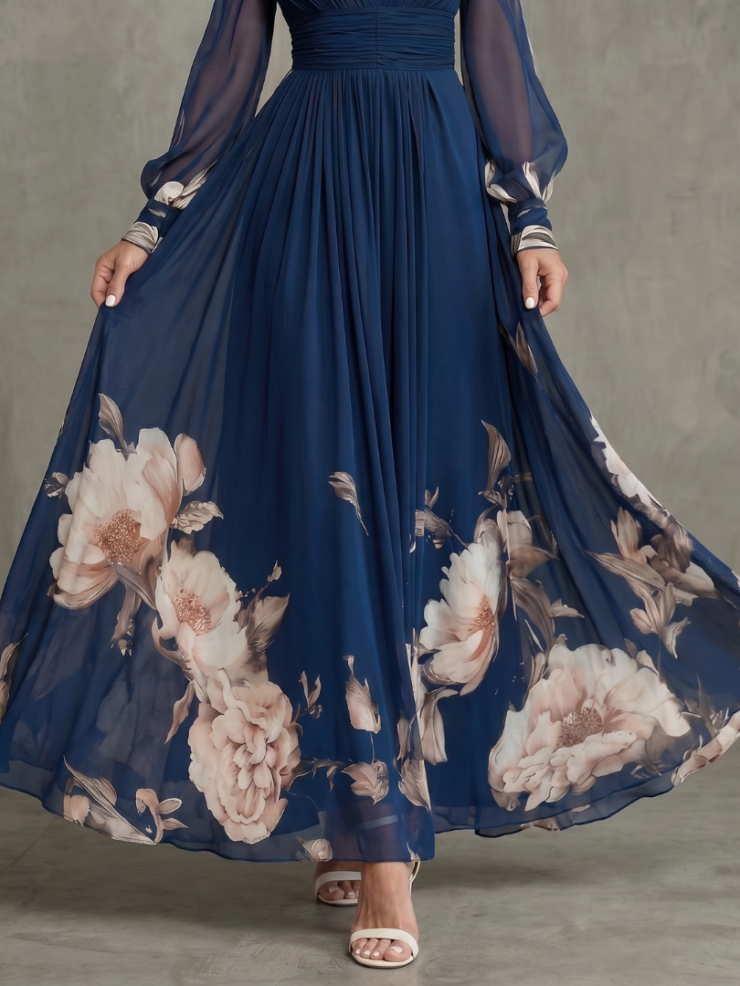Dalila | Vestido Comprido Plissado com Barra Floral