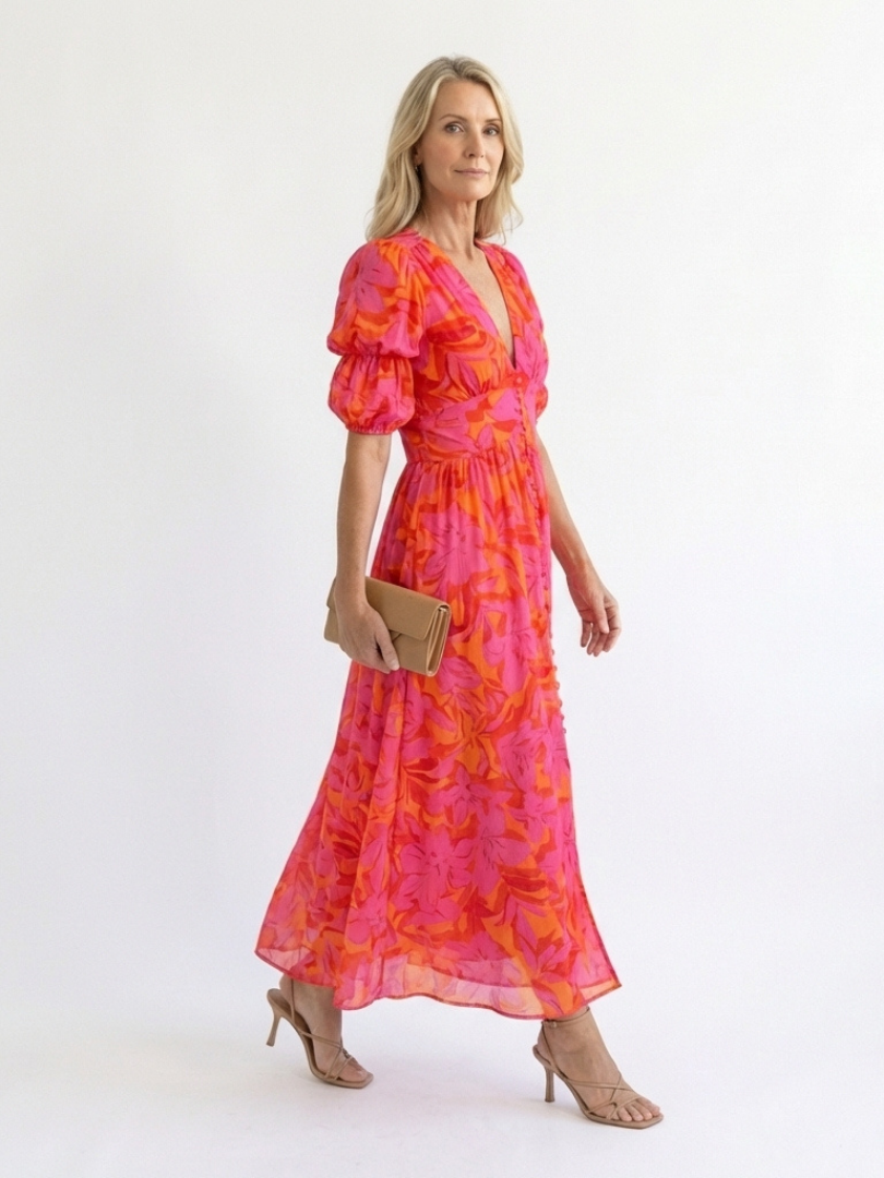 Rosélia | Vestido Midi Floral com Mangas Tufadas