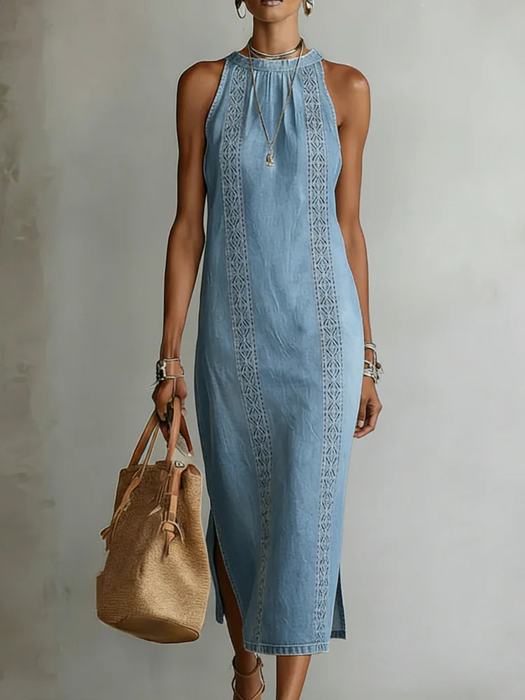 Júlia - Vestido de Ganga com Renda Retro