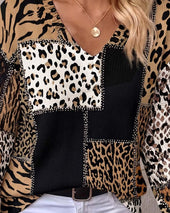 Leopardji pulover z V-izrezom in dolgimi rokavi