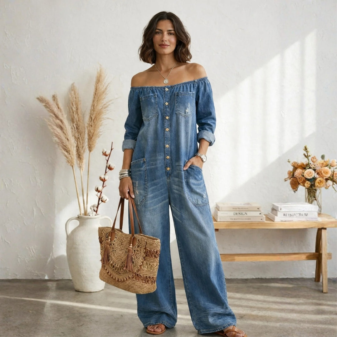 Maria Douro - Macacão de Denim com Ombros à Mostra