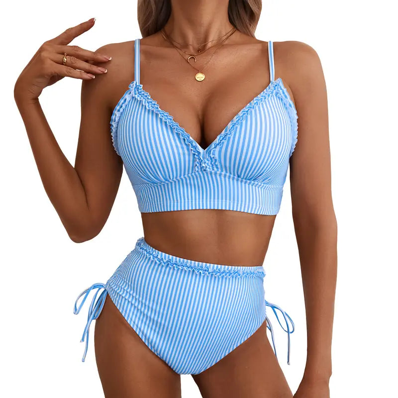 Pásikavé bikiny s vysokým pásom a nastaviteľným viazaním