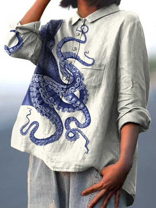 Amélia - Camiseta Casual com Impressão de Tentáculos de Polvo