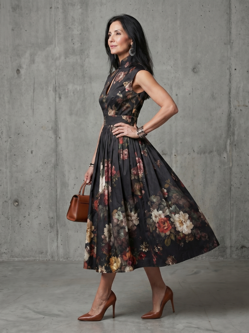 Carlota | Vestido Midi Floral de Gola Alta com Abertura