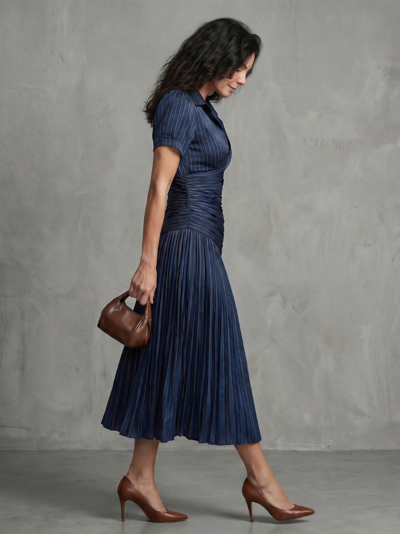 Constança | Vestido Midi Riscado com Pregas na Cintura
