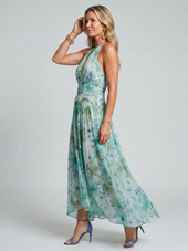 Graciete | Vestido Midi Floral Plissado com Decote Halter