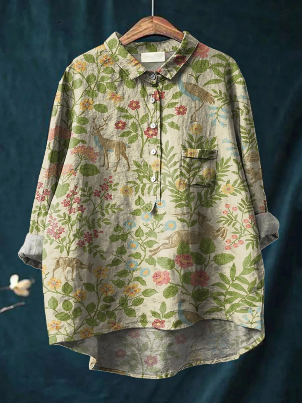 Georgina - Camisa Casual Vintage Floral com Animais