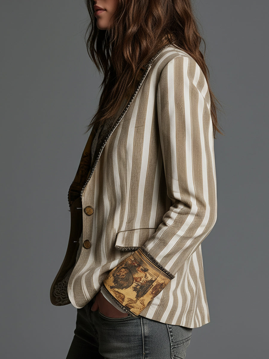 Sofia | Blazer Boémia às Riscas com Gola Estampada