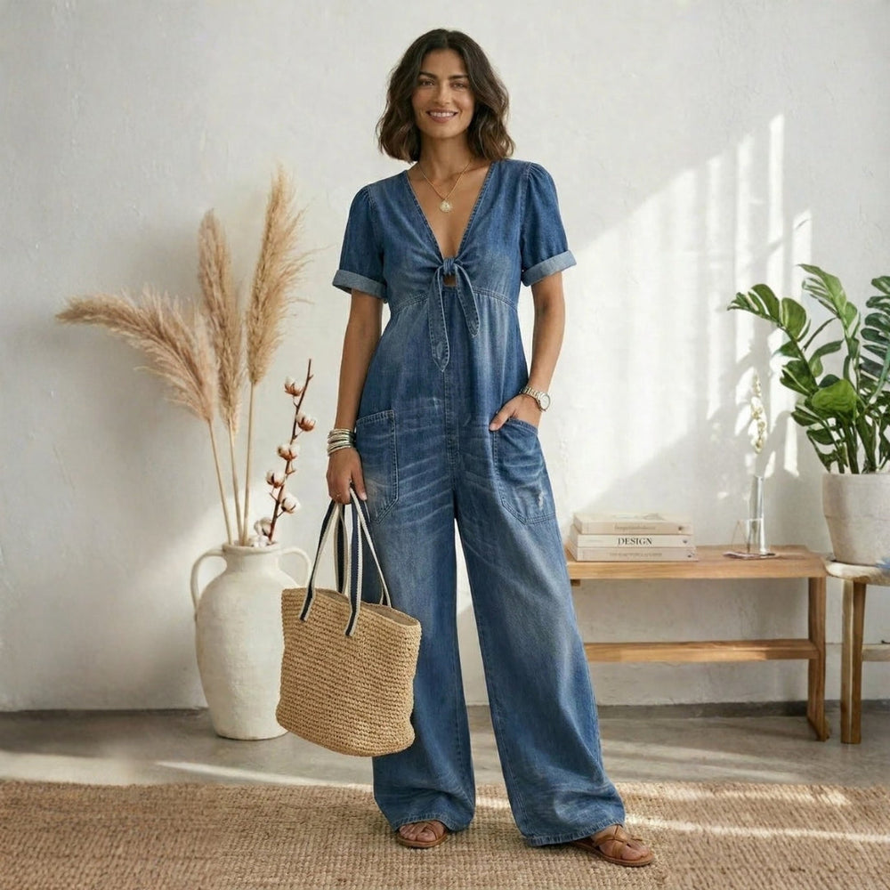 Maria Douro - Macacão de Denim com Decote em V