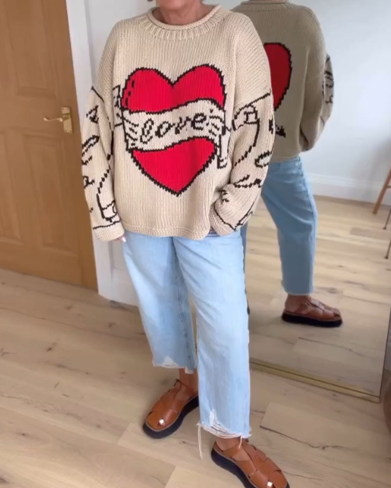 Sproščen pulover s srčnim vzorcem