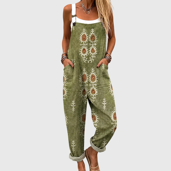 Sproščen olivno zelen kombinezon v boho slogu
