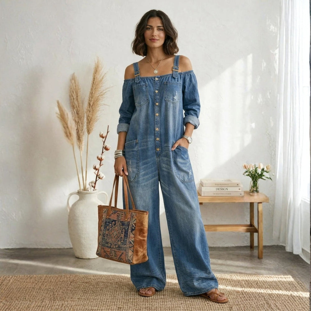 Maria Douro - Macacão de Denim com Ombros à Mostra