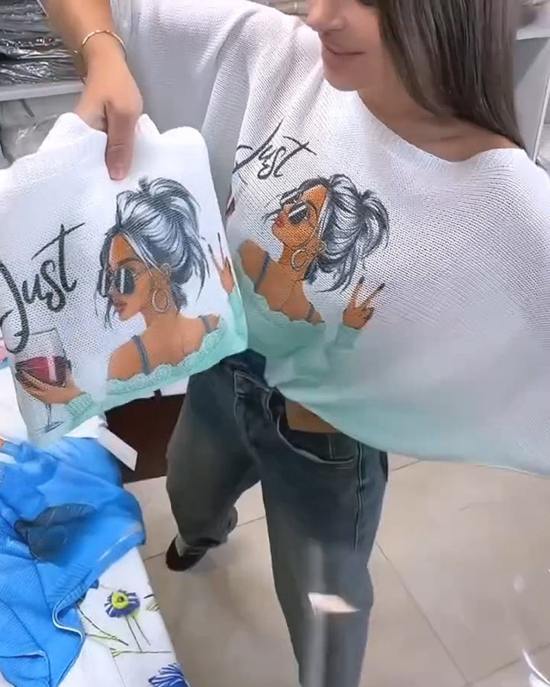 Pulover s prelivajočim potiskom in netopirjevimi rokavi