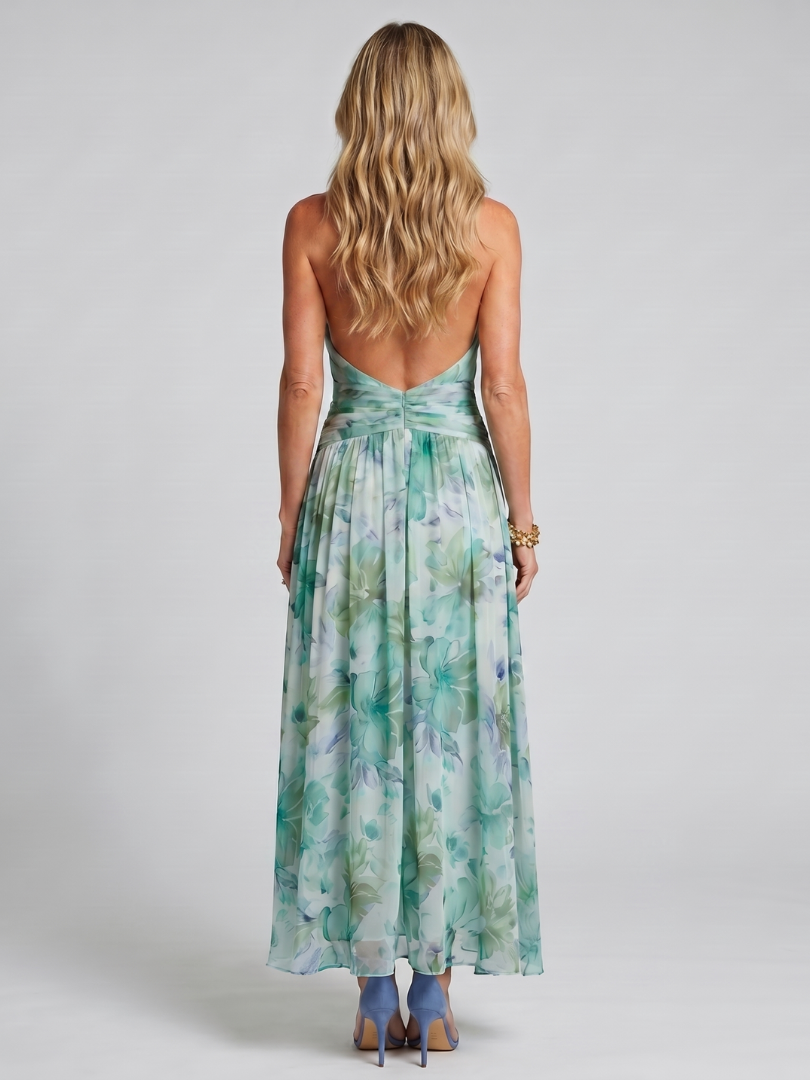 Graciete | Vestido Midi Floral Plissado com Decote Halter