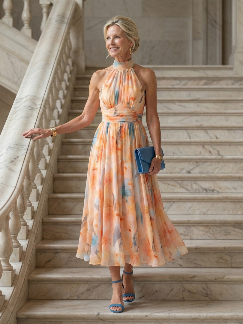 Corina | Vestido Midi Fluido com Decote Halter