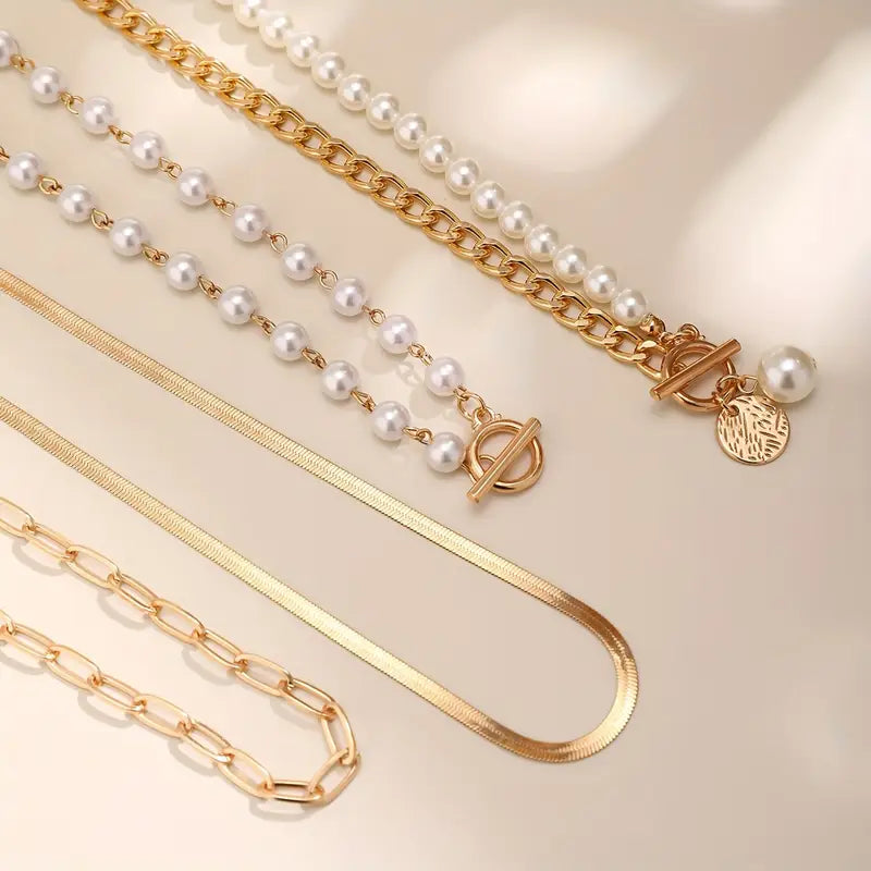 Schlangenkette Halskette mit Vintage Perlen-Set | Gold