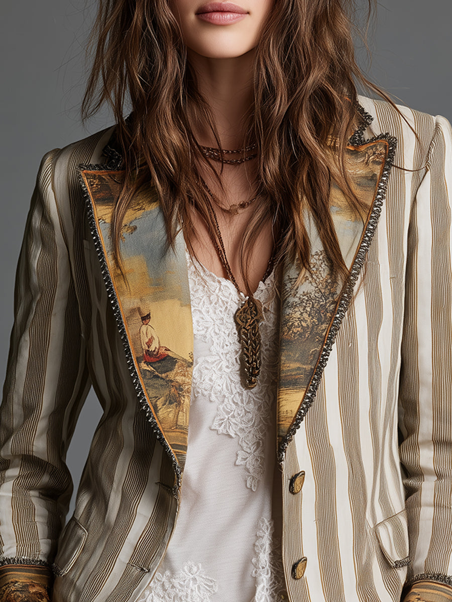Sofia | Blazer Boémia às Riscas com Gola Estampada