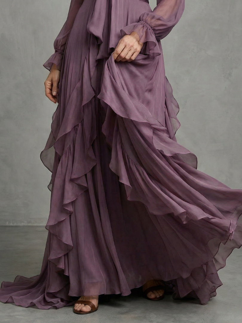 Glória | Vestido Comprido em Camadas com Laço ao Pescoço