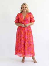 Rosélia | Vestido Midi Floral com Mangas Tufadas