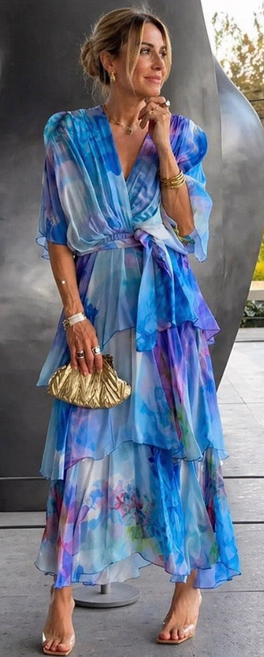 Camila | Vestido Midi em Camadas Estilo Aguarela