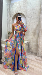 Leonilde | Vestido Comprido Floral de Um Ombro