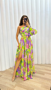Leonilde | Vestido Comprido Floral de Um Ombro