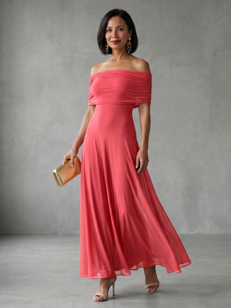 Nélia | Vestido Midi Drapeado com Ombros Descobertos