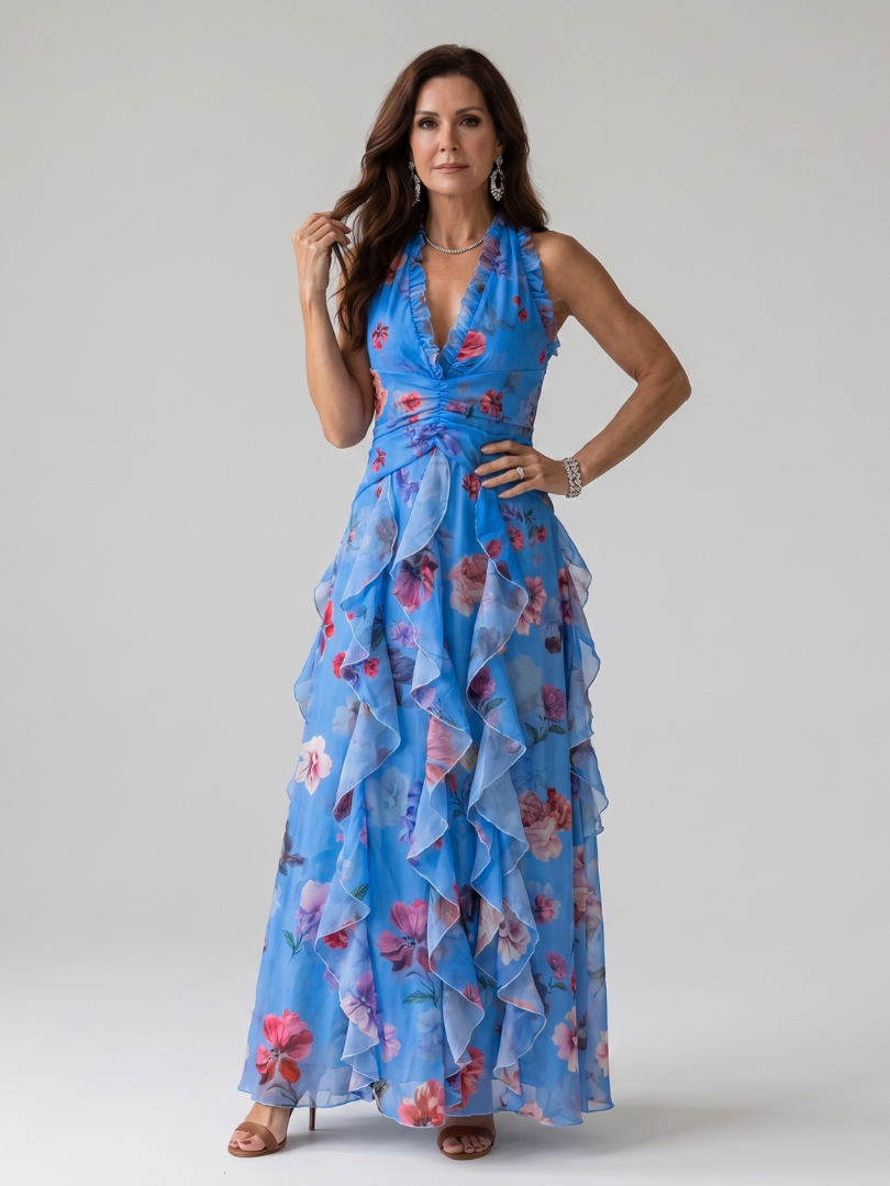 Florinda | Vestido Floral Comprido de Alças ao Pescoço