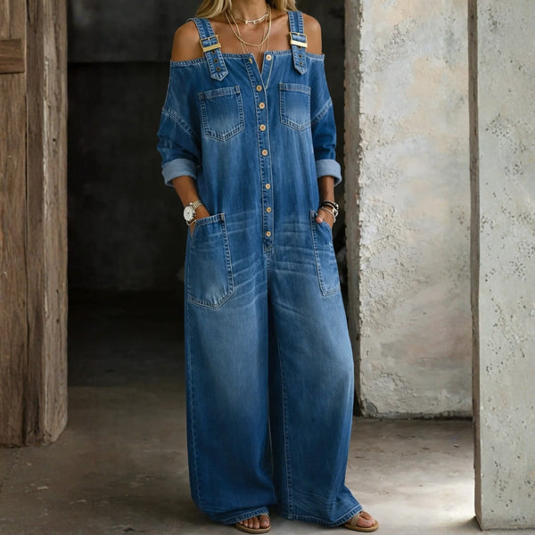 Elsa - Macacão de Denim com Ombros à Mostra