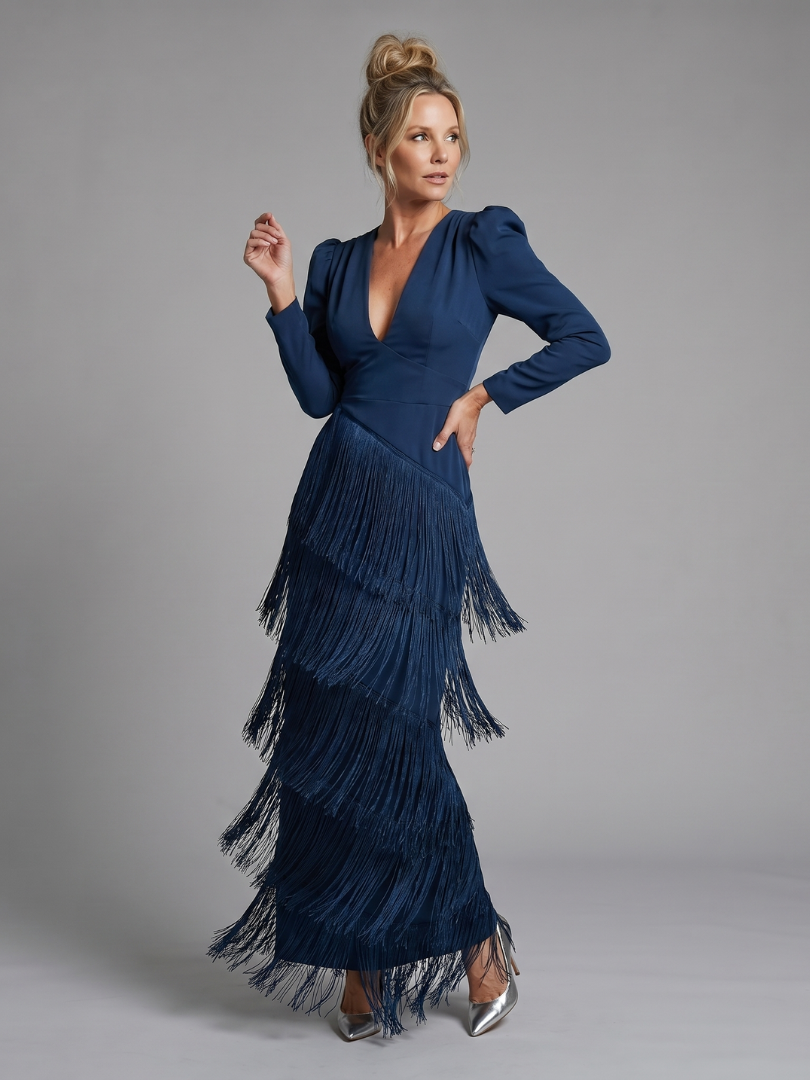 Madalena | Vestido Midi de Manga Comprida com Franjas